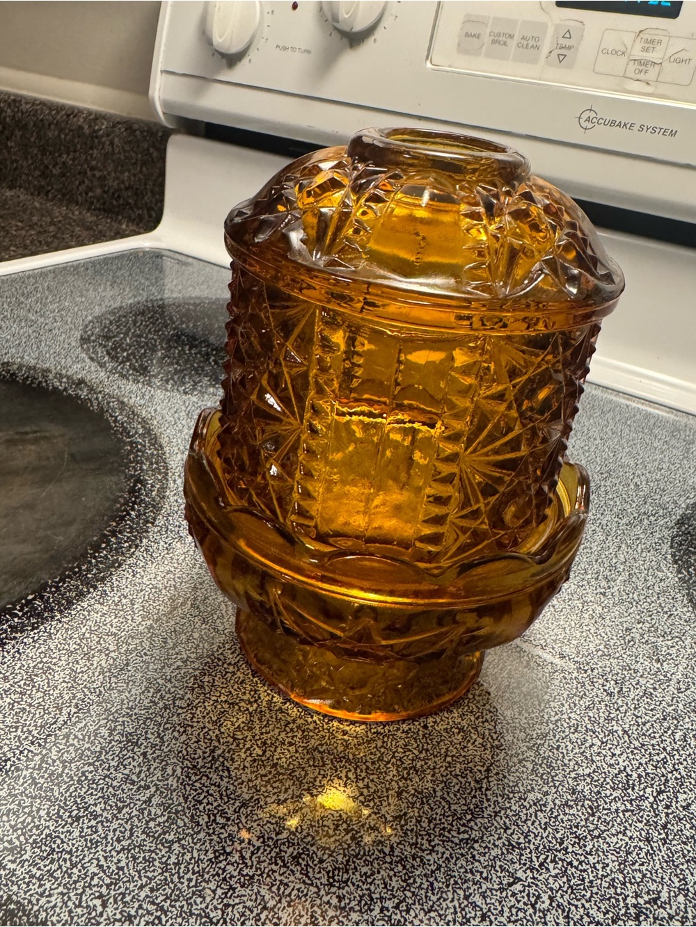 VTG Indiana Glass Amber Stars & Bars Fairy Lamp 6.5” Tall 2 Piece Set